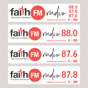 Image of four bumper stickers with the three Faith FM frequencies in red along with the Faith FM logo.