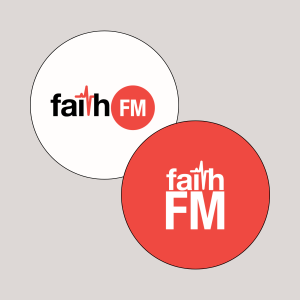 Two circle sticker options: red with white Faith FM logo, and white with coloured Faith FM logo.